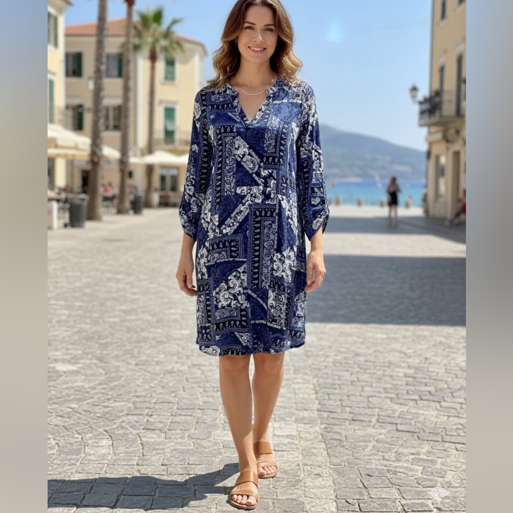 LILY MORGAN Blue/White Paisley Long-Sleeved Shift Dress - Size M